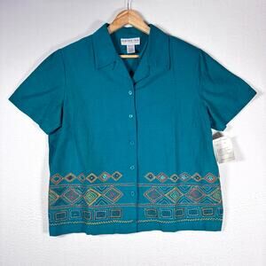 BEDFORD FAIR Women's Button Front Embroidered Shirt Teal Cropped Top Size 16